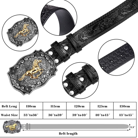 Western silver horse belt buckle with black belt - Picture 3 of 4